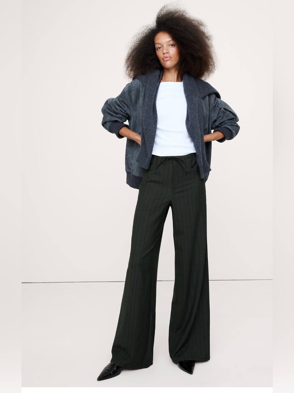 NWT-Banana Republic Black Studio Wide Leg Drawstring Pant in Flannel, Size XSP